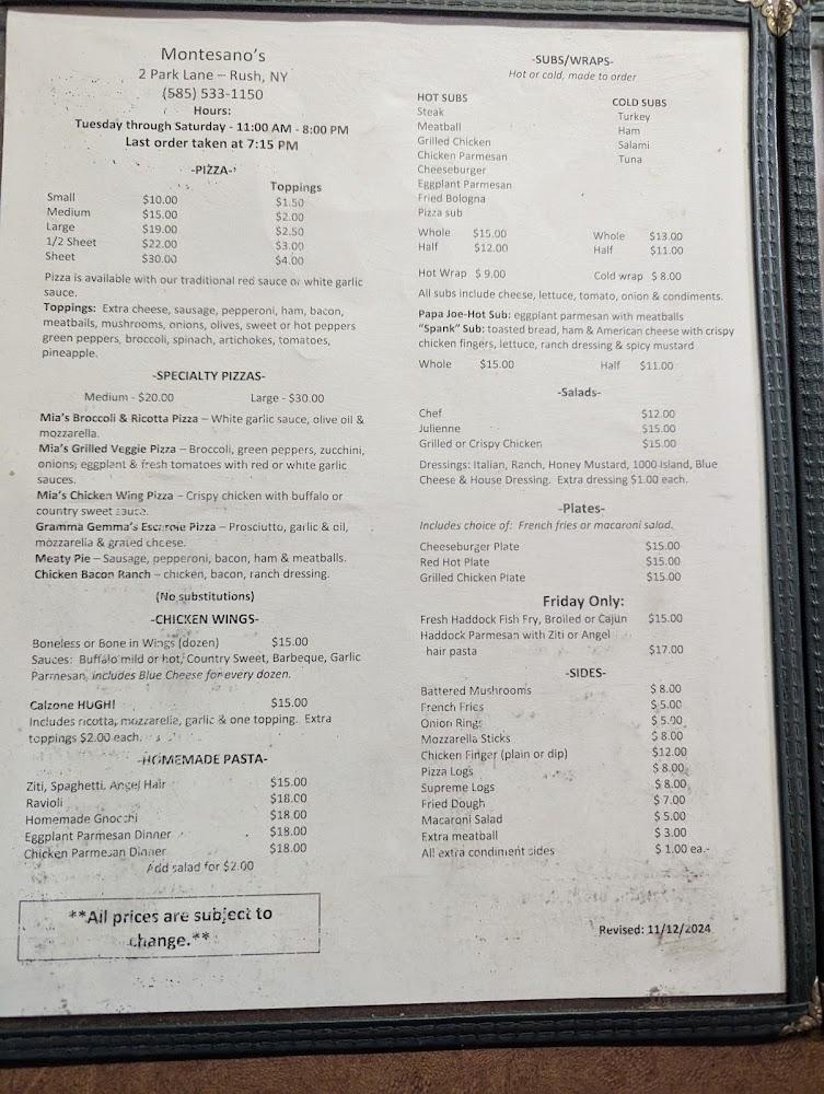 Montesano's Pizza Menu image 1